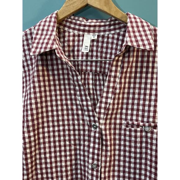 Kut From The Kloth Women's Size XL Burgundy Gingham Plaid Button-Up V Neck Long - Picture 2 of 9